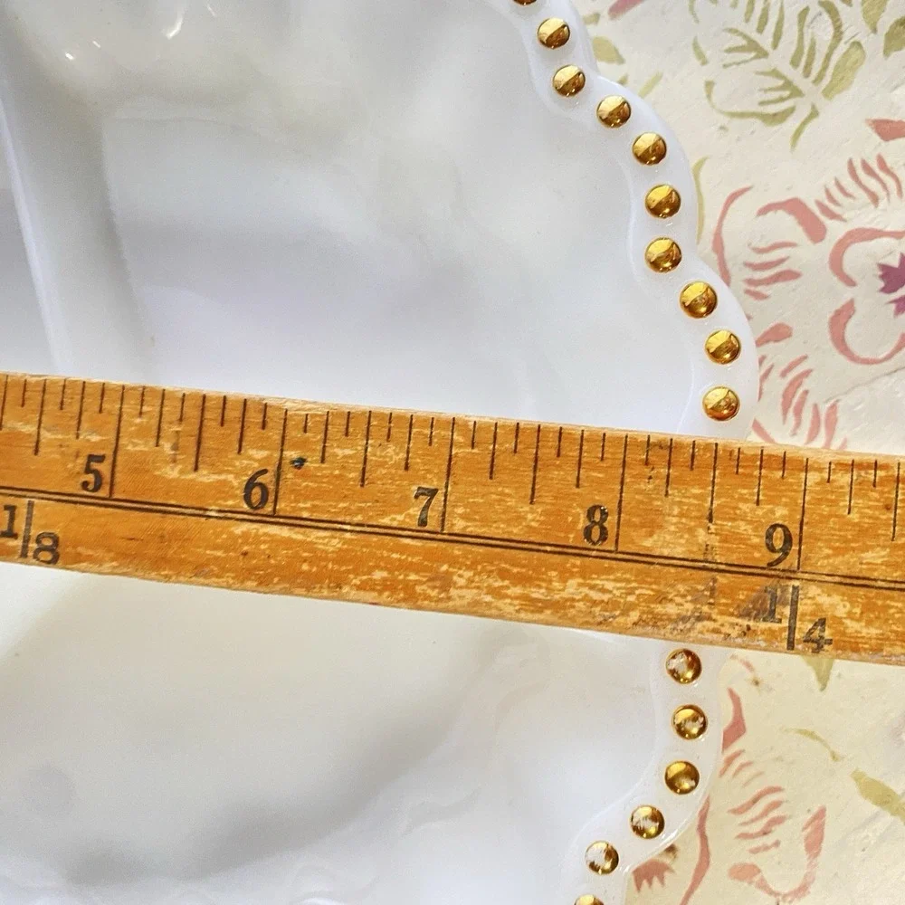 Vintage Anchor Hocking Milk Glass Divided Serving Tray Dish Gold Hobnail Dot MCM